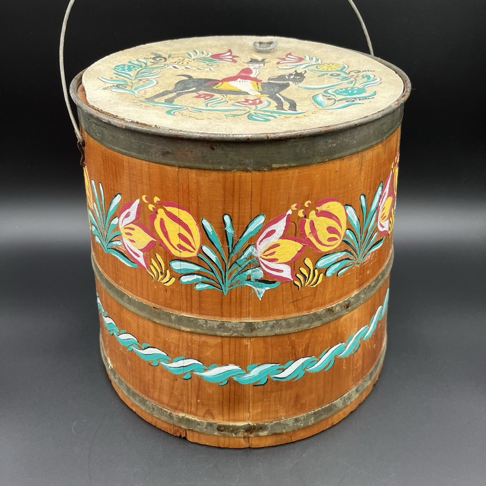VTG ANTIQUE WOOD STAVE WATER BUCKET HANDPAINTED FOLK ART COTTAGE